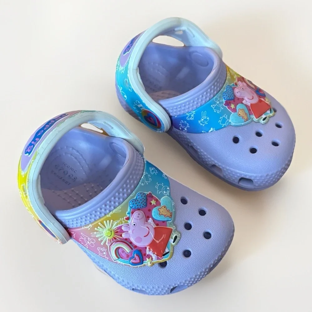 Crocs Peppa Pig Toddler Girl Size 4 C Purple Rainbow Vacation Beach NEW NO TAGS‎